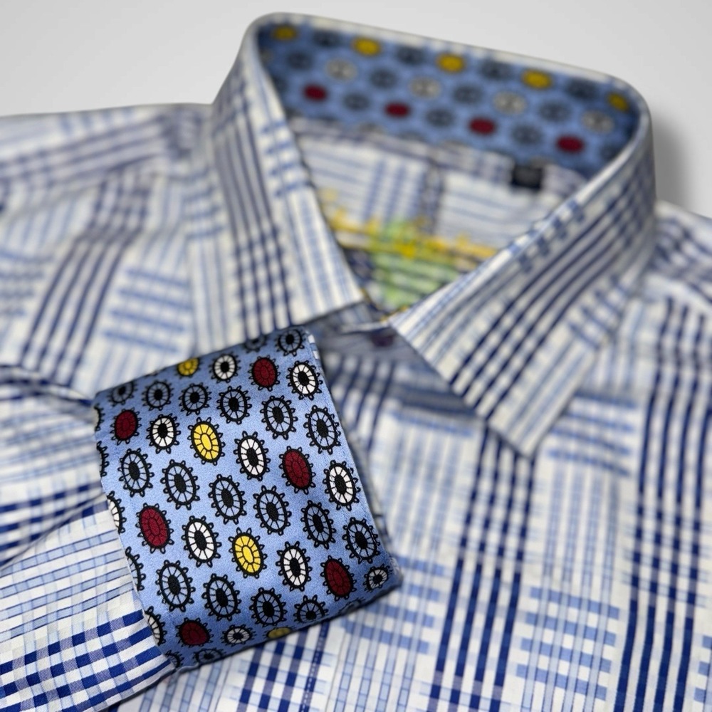 Robert Graham Shirt Mens XL Blue Plaid Check Long Sleeve Funky Crazy Flip Cuff - Picture 11 of 14